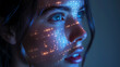 © Lee - Woman's face with digital reflections, neon lights and light halos, digital technlogy visualisation
