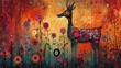 A decorative stag stands amid a magical landscape of stylized flowers and a warm, abstract background.