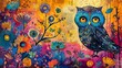 A stylized owl perches amidst a burst of colorful, whimsical flowers in an enchanting, artistic display.