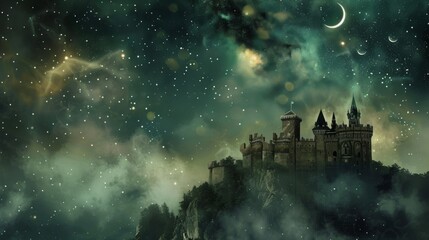 Wall Mural - Fantasy castle with smoke and starry night backdrop.