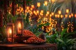 An enchanting evening scene of a tropical garden illuminated by hanging lanterns and a table filled with spices.