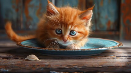 Canvas Print - Cute ginger kitten in a blue plate on a wooden background.