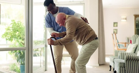 Wall Mural - Senior, man and nurse for help with falling with walking stick, medical support and assisted living. Elderly, patient or professional caregiver with assistance, compassion or vertigo on floor of home