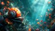 A snail, equipped with a turbo shell, explores the ocean depths faster than any sea creature, surrounded by an enchanted underwater world, depicted in Underwater Fantasy