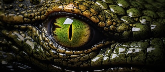 Canvas Print - A closeup of a crocodiles eye, showcasing the intricate details of its iris and eyelashes against a black background, highlighting the beauty of this terrestrial reptiles head