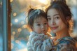 A beautiful mother holds her baby lovingly against a blurred background of twinkling lights