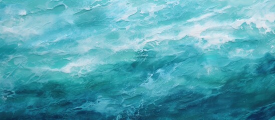 Wall Mural - A closeup shot of a painting depicting fluid waves in the aqua ocean, with electric blue hues and intricate patterns, meeting the sky on the horizon