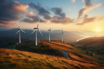 Wall Mural - wind turbines on a hillside at sunset. 3d rendering.