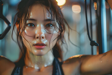 photograph of japanese woman getting sweaty at the gym