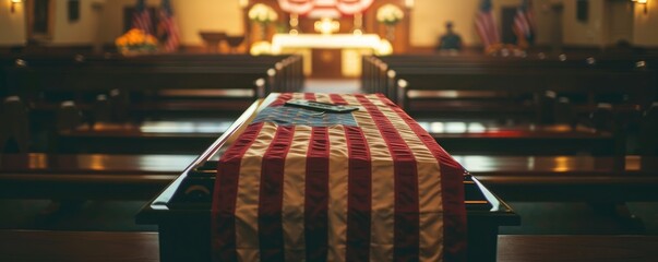 American flag draped a coffin at military funeral inside a church, representing honor and sacrifice