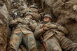 Soldiers in the First World War resting in the trenches, soldiers tired of war resting, moment of peace for the military