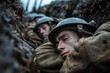 Soldiers in the First World War resting in the trenches, soldiers tired of war resting, moment of peace for the military