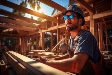 A man wearing a hard hat and safety glasses working in the framing of a house