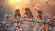 Group of robin birds sitting on a branch of blooming apricot tree