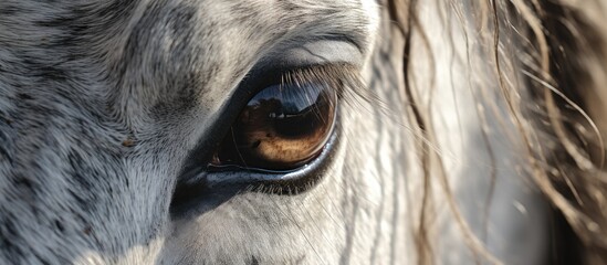 Sticker - A close up of a terrestrial animals eye with a brown pupil and eyelash, possibly a working animal like a horse. The wrinkle on its snout is visible, possibly wearing a bridle while carrying a pack