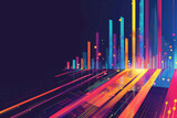 Fototapeta Miasto - Vibrant neon bar graph on a dark futuristic background with light streaks
