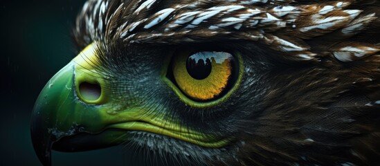 Poster - Closeup of a birds face with vibrant yellow eyes and a green beak, showcasing the beauty of wildlife through macro photography