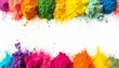 frame border with copy space of colorful rainbow holi paint color powder explosion isolated white background