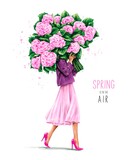 Fototapeta Miasta - Woman holding large bouquet. Stylish girl with flowers. Fashion woman holding hydrangea bouquet. Spring concept. Fashion illustration 