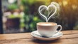 close up of coffee with heart shape smoke on wooden table in background of modern cafe lifestyle concept of holiday and rest