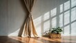 home design ideas mock up creative background white concrete wall with beige curtain hanging on the wall with sun light make shade from shadow frame house beautiful