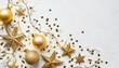 christmas modern composition golden decorations confetti streamers stars on white background christmas new year winter concept flat lay top view copy space