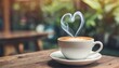 close up of coffee with heart shape smoke on wooden table in background of modern cafe lifestyle concept of holiday and rest