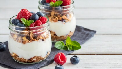 Wall Mural - two jars with tasty parfaits made of granola berries and yogurt on white wooden table shot at angle with place for text banner