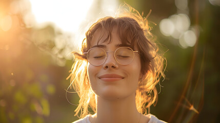 Wall Mural - A young woman with glasses smiling gently her eyes closed with soft warm lighting and a blurred background that suggests a peaceful outdoor setting.