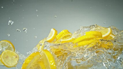 Aufkleber - Super Slow Motion of Flying Lemon Slices with Water Splashes, Isolated on Grey Background. Filmed on High Speed Cinema Camera, 1000fps. Speed Ramp Effect.