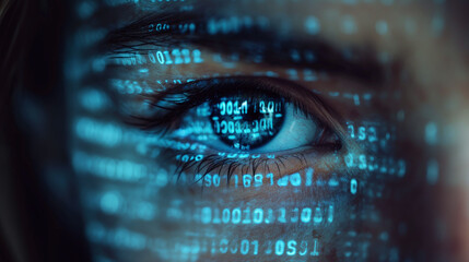 close up of eye with digits and binary code reflections. internet security, data privacy, digital su
