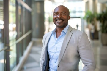 Canvas Print - A man in a gray suit and blue shirt is smiling in a hallway