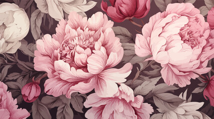  Seamless floral pattern with peonies. Pink peonies wallpaper background. Blooming peony flowers .