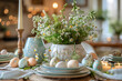 A beautifully set Easter table with festive decorations, creating a cozy and joyous atmosphere for a family gathering or special meal.