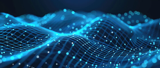 Wall Mural - cyber data surface, abstract technology background, blue wavy digital space with grid. concept of ne