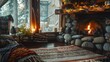 A cozy bohemian cabin in the woods with a stone fireplace and woven blankets, 