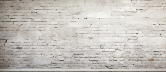 Wall Mural - A monochrome white brick wall with a brown wood shelf in the corner, complemented by beige flooring. The brickwork adds a vintage touch to the room