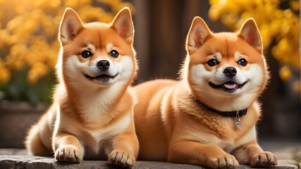 Wall Mural - In a bright and vibrant setting, against a backdrop of sunny yellow-orange, stands a cheerful Shiba Inu dog. Its adorable face beams with happiness, characterized by a wide smile that reaches its almo