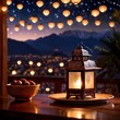 Traditional decorative middle east arabian style lantern lamp at night under stars