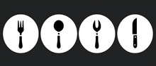 Four Circular Icons, Each Containing Silhouettes Of A Spoon, Fork, And Knife.