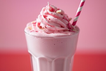 Wall Mural - Pink milkshake with whipped cream and a straw