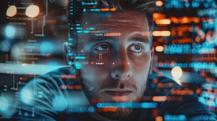 Programmer programming cybersecurity and IT. Futuristic software and hardware , coding hologram,  man thinking about data analytics, digital technology. 