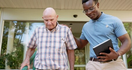 Poster - Caregiver, senior man and help on stairs for support, outdoors and trust in retirement home. Steps, assistant and elderly person with caretaker, tablet and discussion on healthcare or rehabilitation