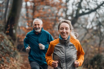 woman senior man outdoor running couple lifestyle sport smiling together jogging healthy nature fit happy active retirement exercise fitness run