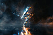 A metal lightning bolt surrounded by electrical sparks and smoke on a reflective surface