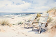 Watercolor painting of two adirondack chairs by a serene beach with waves and dunes