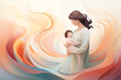 Stylized illustration of a loving mother holding her baby, with abstract wave design in the background