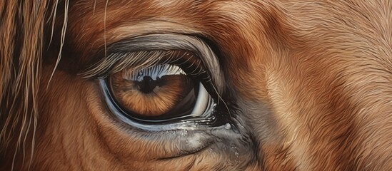 Poster - A detailed closeup of a horses eye in a painting, showcasing the intricate details of the iris, eyelash, wrinkles, and fawn colored iris, set against a background of wood and liver hues