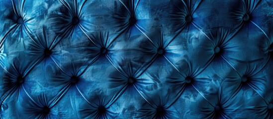 Wall Mural - A closeup of an electric blue tufted leather couch, resembling the patterns of a terrestrial plant with a symmetrical design, against a backdrop of azure sky and clouds