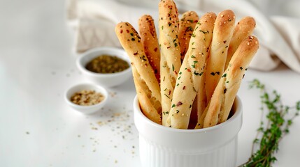 Wall Mural - Breadsticks with Italian herbs emanating an irresistible aroma on a white table. Breadsticks in a perfect combination of texture and flavor.